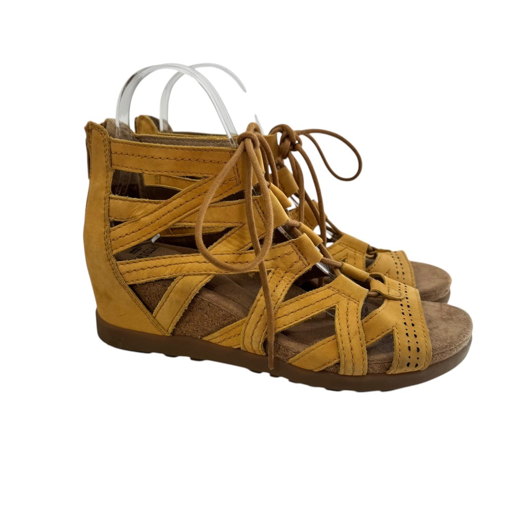 Earth Origins Women Mustard Yellow Leather Gladiator Wedge Sandals Lace Up Zip 8